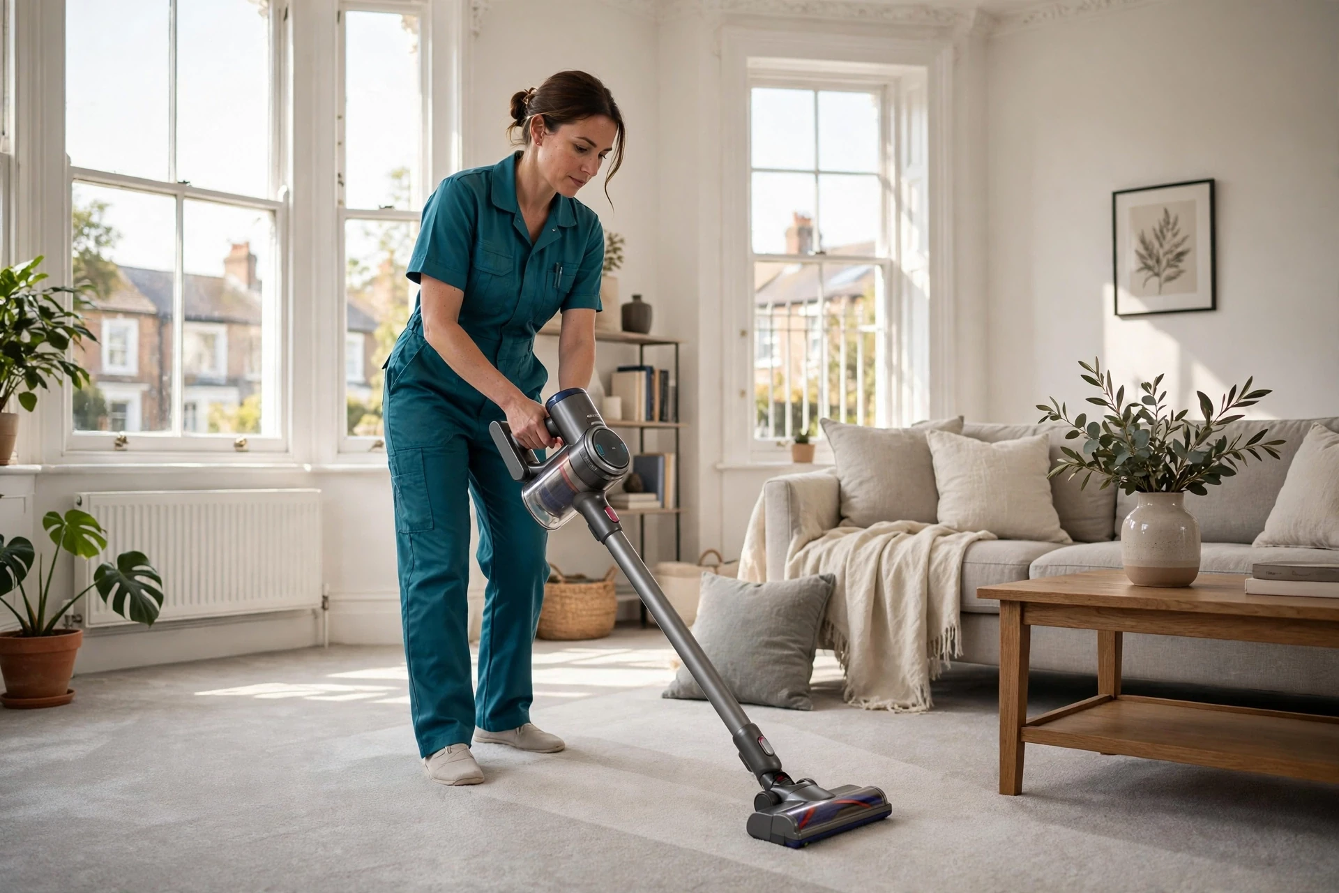 Professional cleaner vacuuming carpet in Stoke-on-Trent home - SparkleClean Stoke