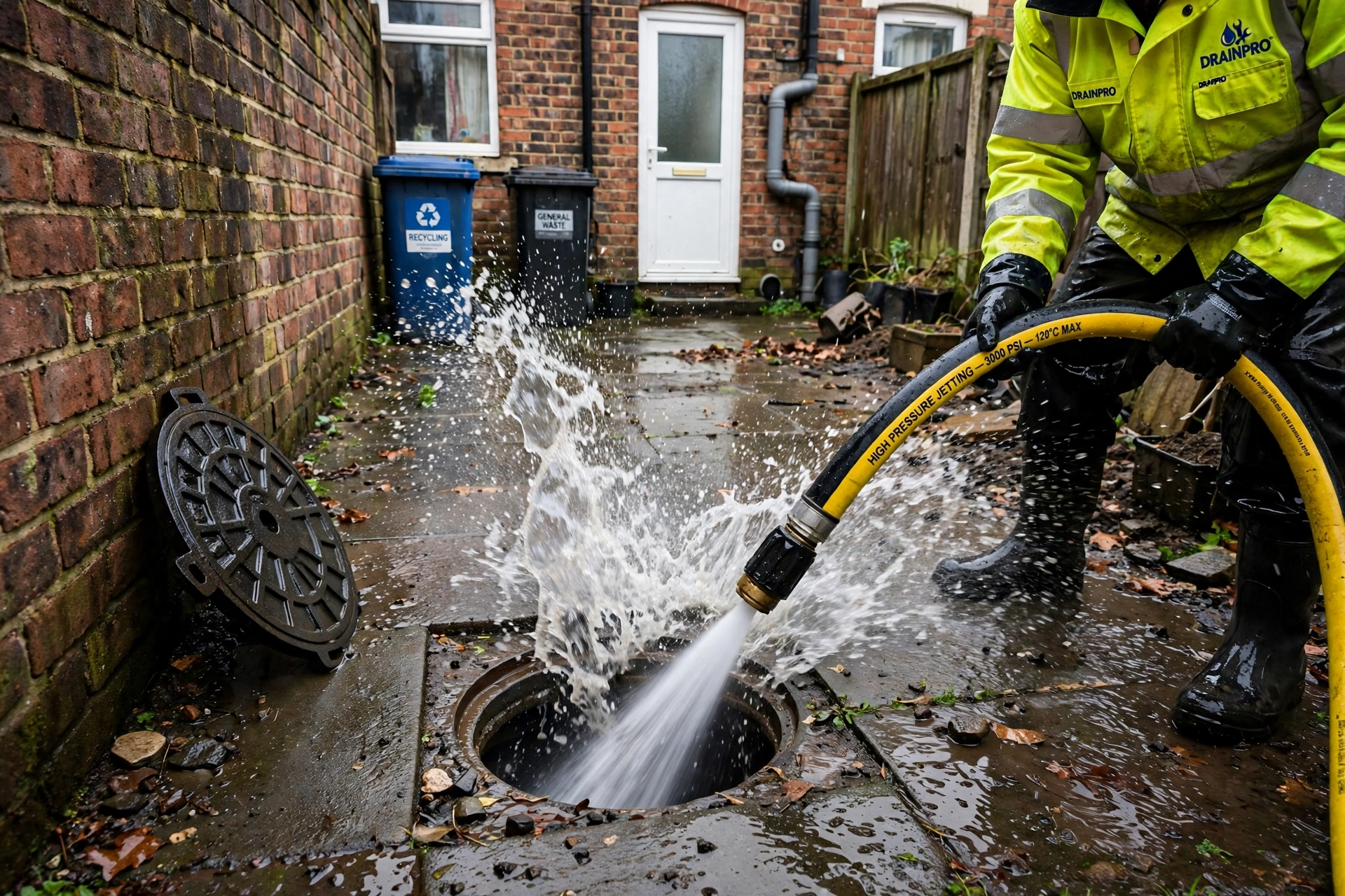 Drain unblocking high pressure jetting UK terraced house