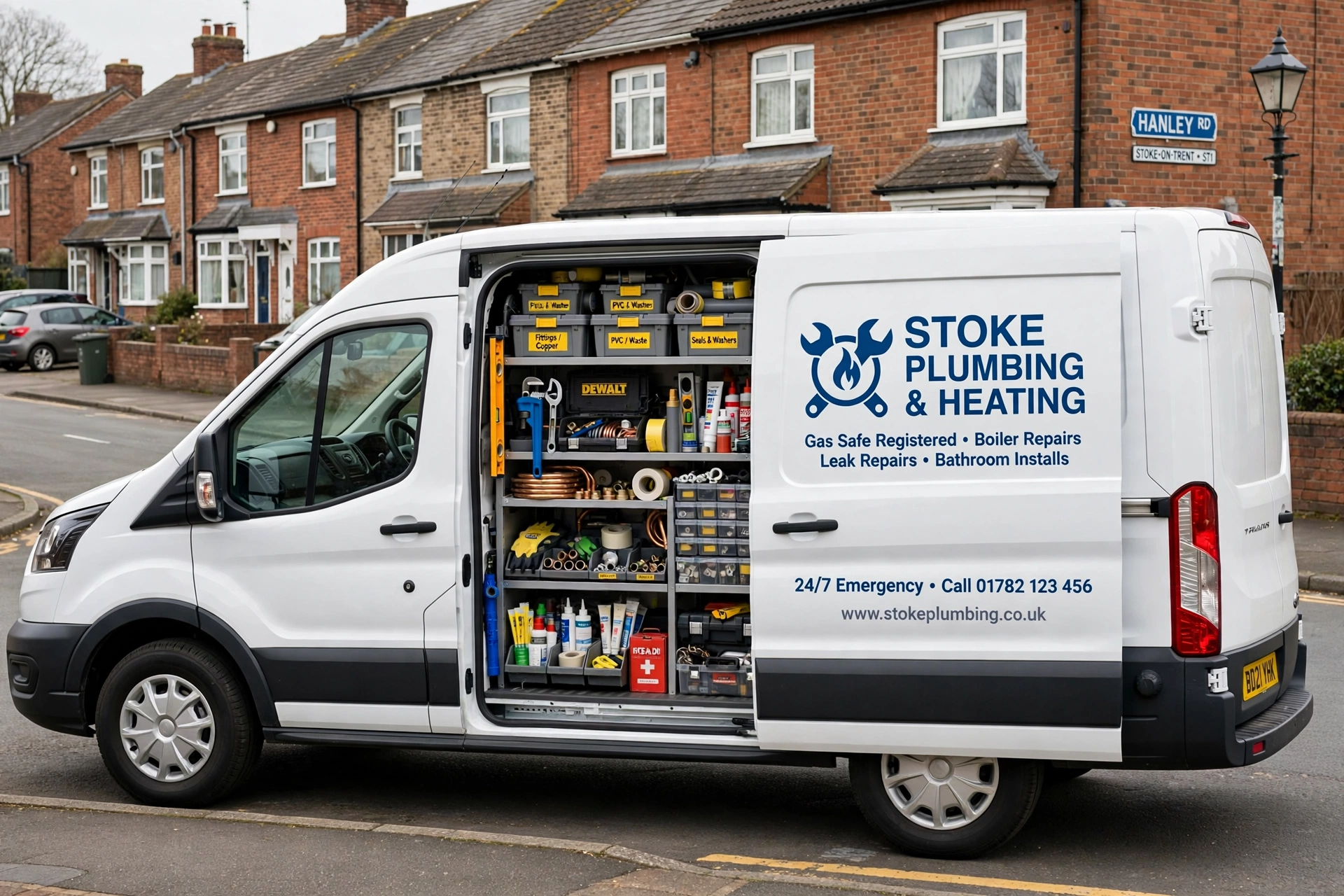 Branded plumber van with tools organised inside Stoke